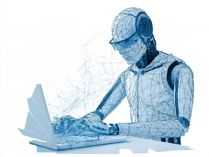 Agent AI przy laptopie, narysowany siatką niebieskich trójkątów